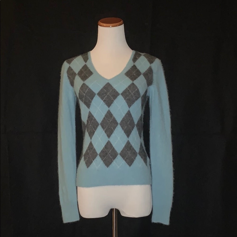 100% Cashmere Blue & Gray Argyle Sweater